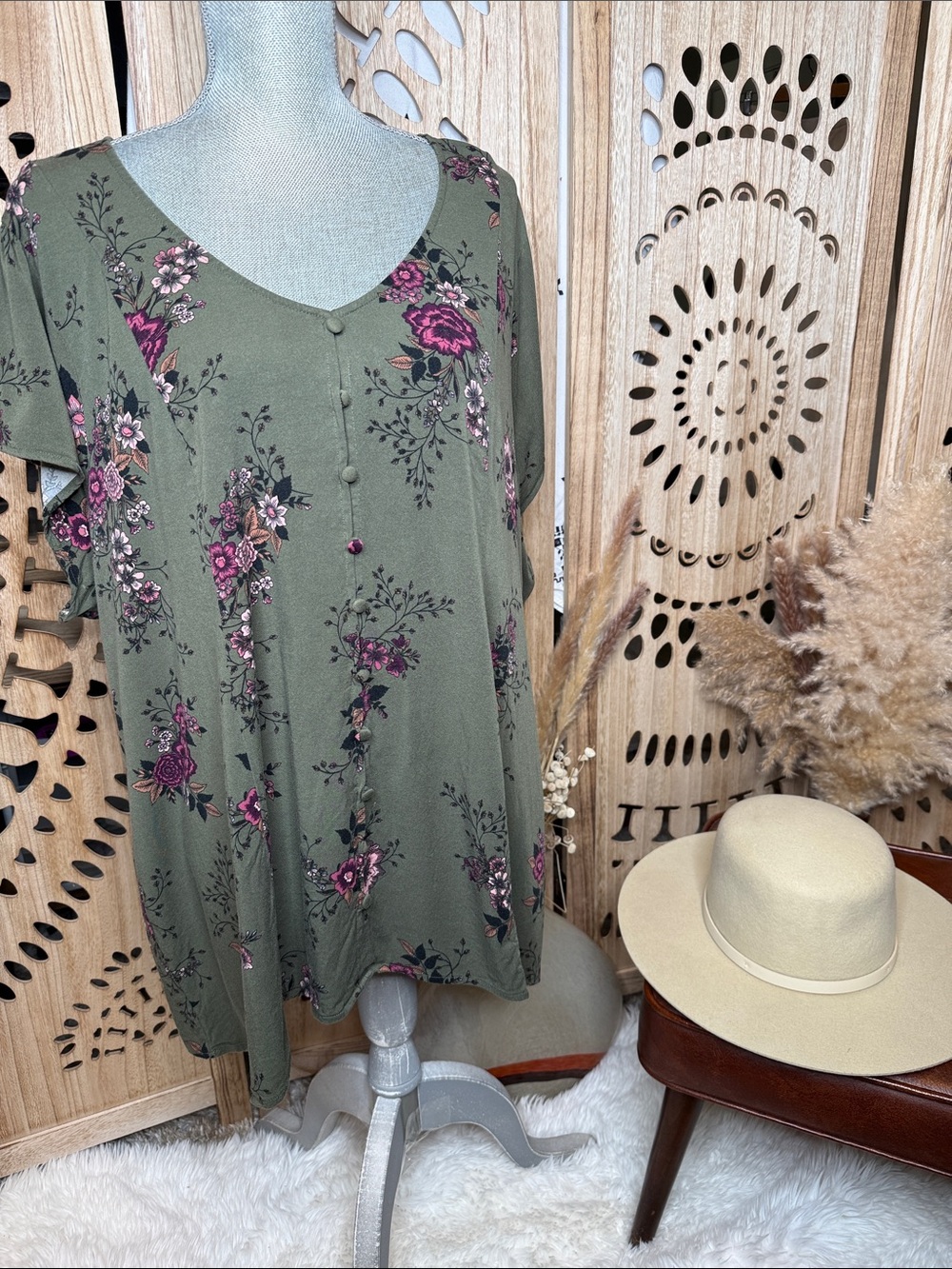 torrid Olive Floral Button-Front Tunic with Pink Accents